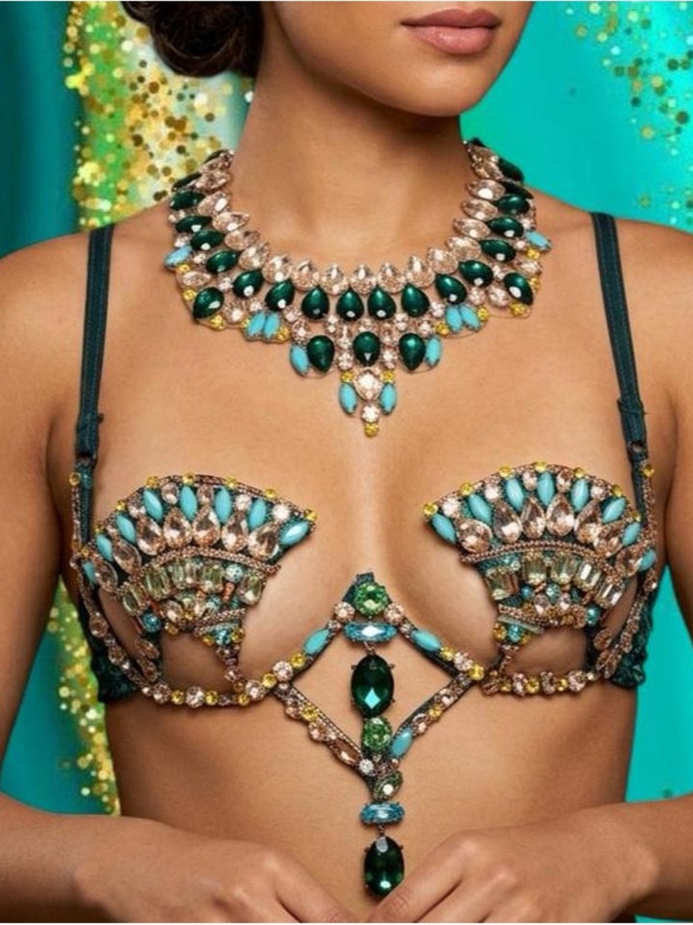 Emerald & Teal Jeweled Carnival Wire Bra and Necklace Set
